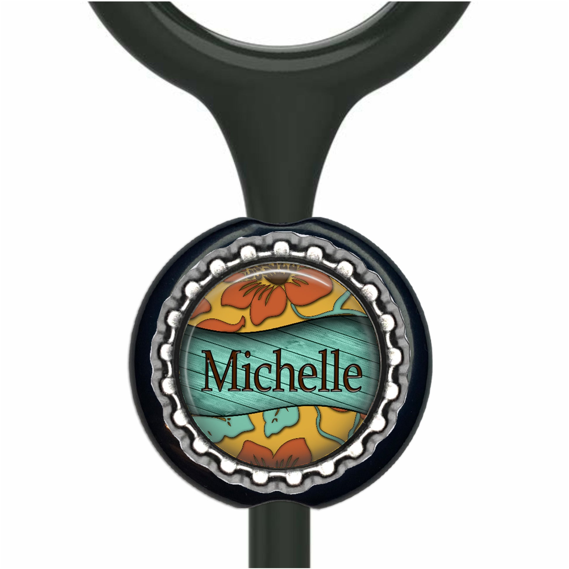 A personalized nameplate with a colorful floral design, featuring the name "Michelle" on it.