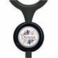 A black stethoscope with a round, black and white label featuring a floral design and the name "Denise".