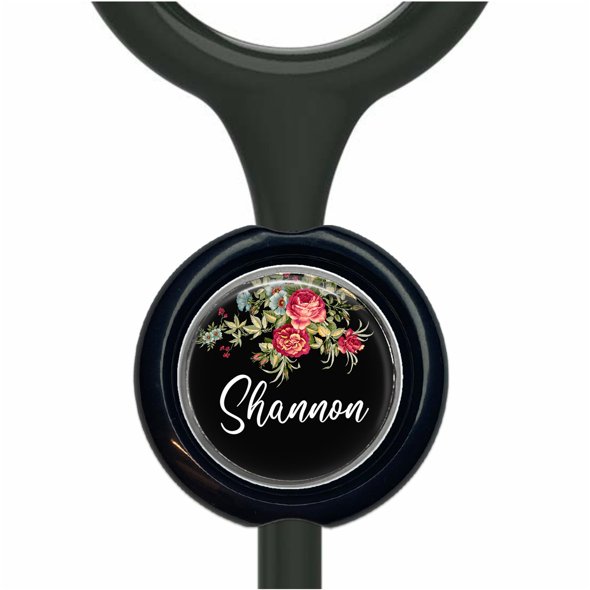 A black stethoscope with a floral design and the name "Shannon" printed on it.