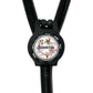 A black stethoscope with a round, personalized nameplate attached to it.