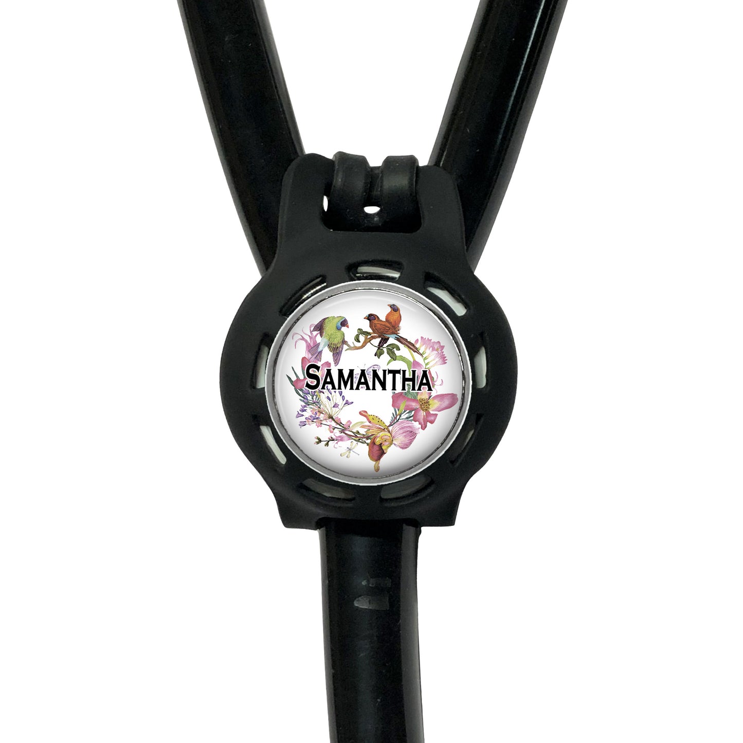A black stethoscope with a round, personalized nameplate attached to it.