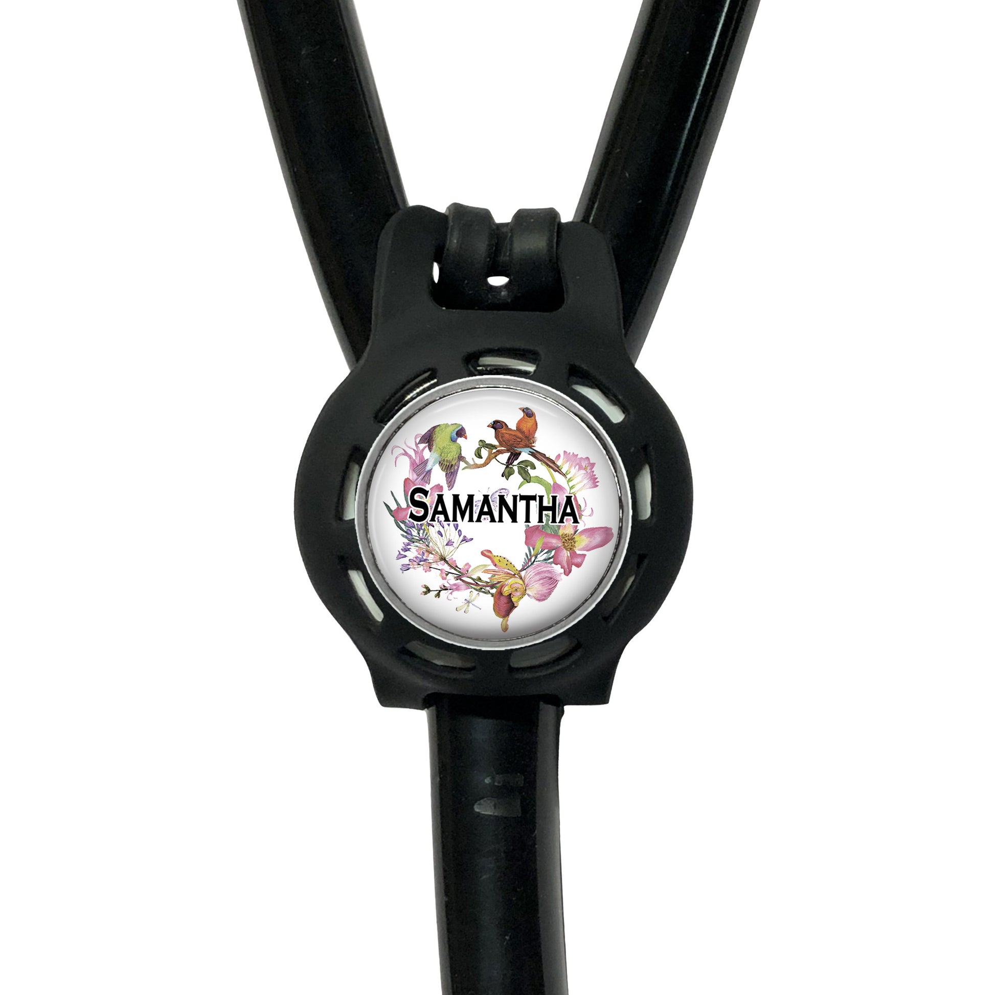 A black stethoscope with a round, personalized nameplate attached to it.