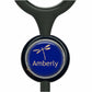 A blue circular badge with a gold dragonfly design and the word "Amberly" printed on it.
