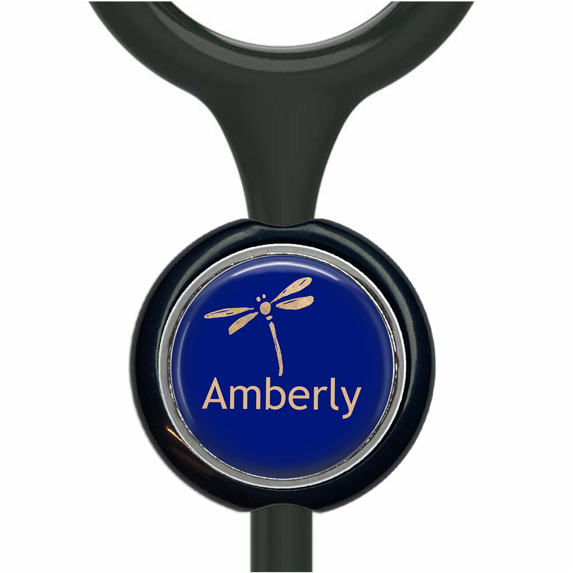 A blue circular badge with a gold dragonfly design and the word "Amberly" printed on it.
