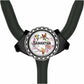 A stethoscope with a personalized nameplate featuring a floral design and a bird.