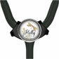 A black stethoscope with a round, decorative charm featuring a dragonfly and the word "Holly" on it.