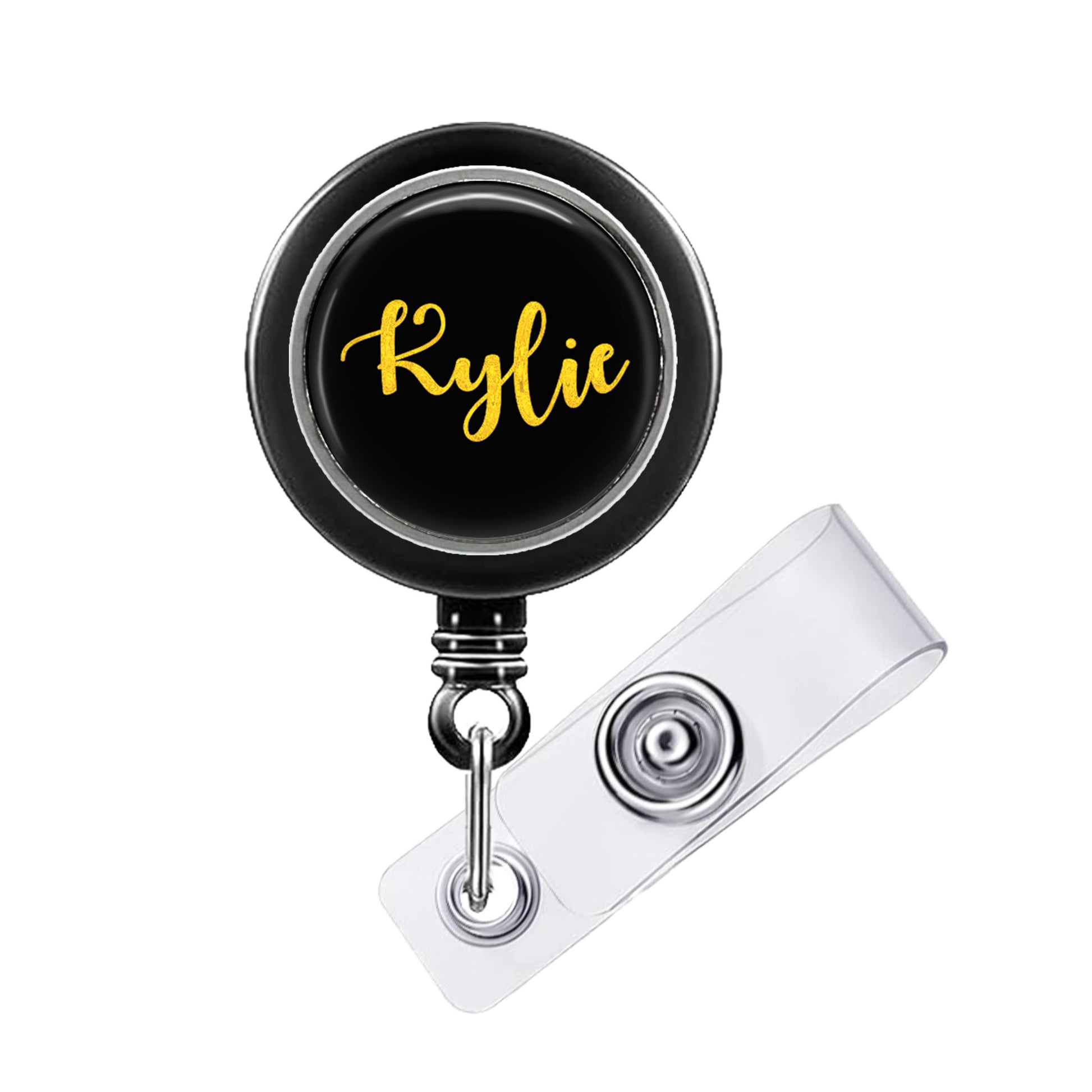 A black badge holder with a personalized name tag attached to it.
