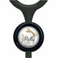 A black stethoscope with a round, black and white label featuring a dragonfly and the word "Holly".