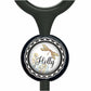 A black stethoscope with a round, decorative cap-shaped charm featuring a dragonfly and floral elements.