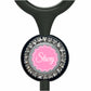 A black stethoscope with a personalized name badge attached to it.