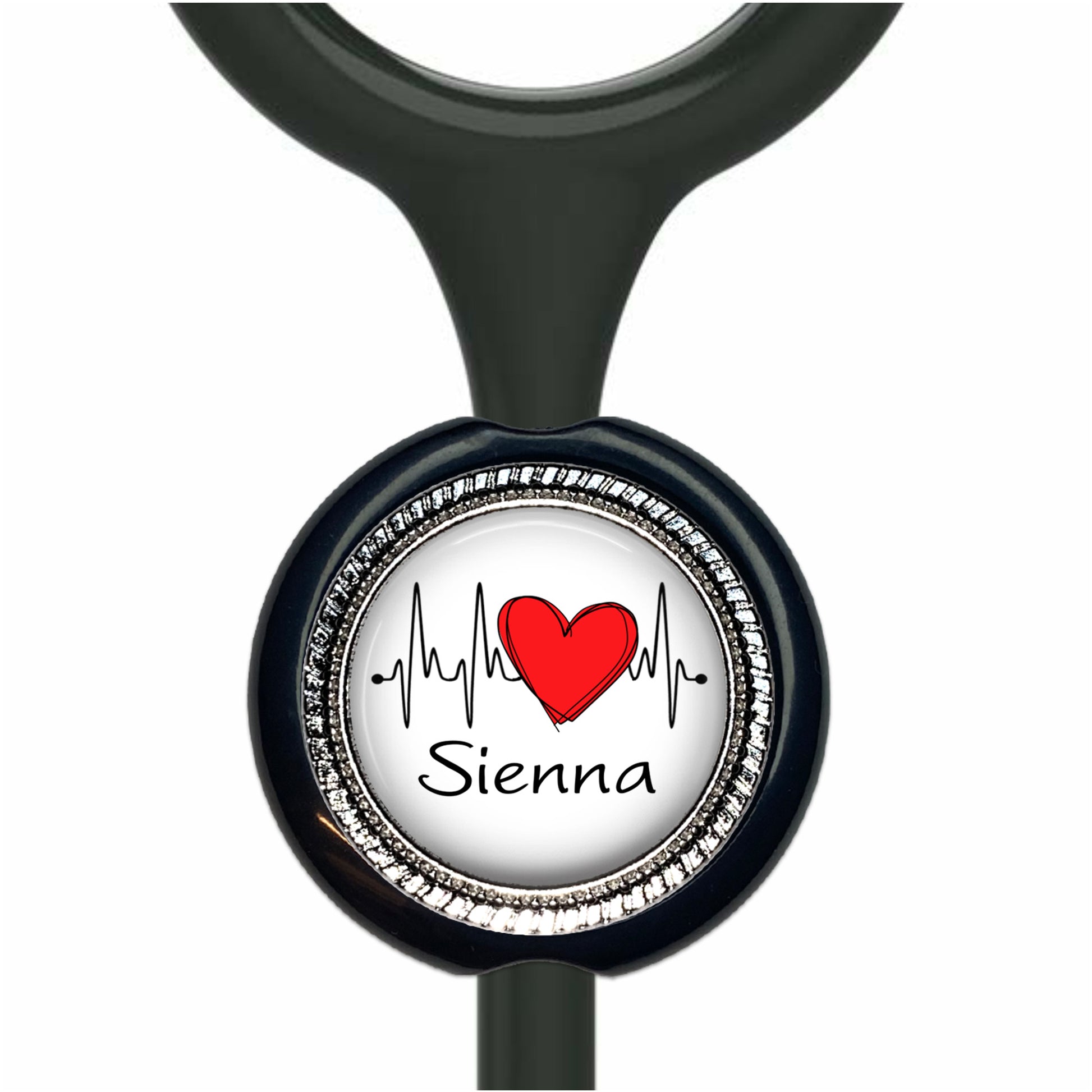 A black and white heart-shaped charm with a red heart and a line graph displaying a heart rate.