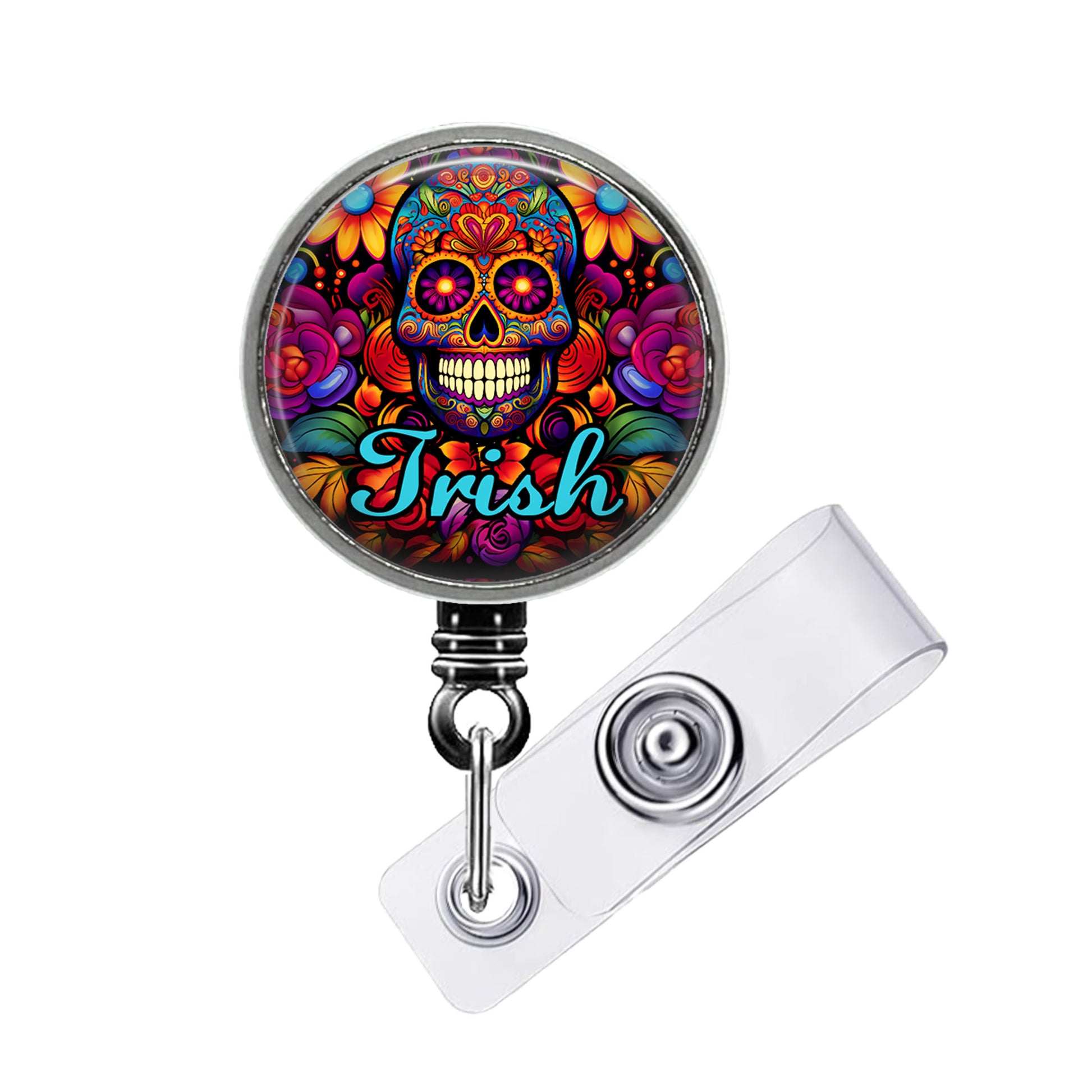 A colorful lanyard with a circular design featuring a skull and floral patterns.