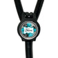 A black stethoscope with a round, personalized name tag attached to it.