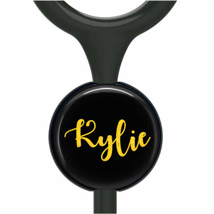 Stethoscope Id Tag - Personalized Black Gold Name Tag With Custom Monogram 462