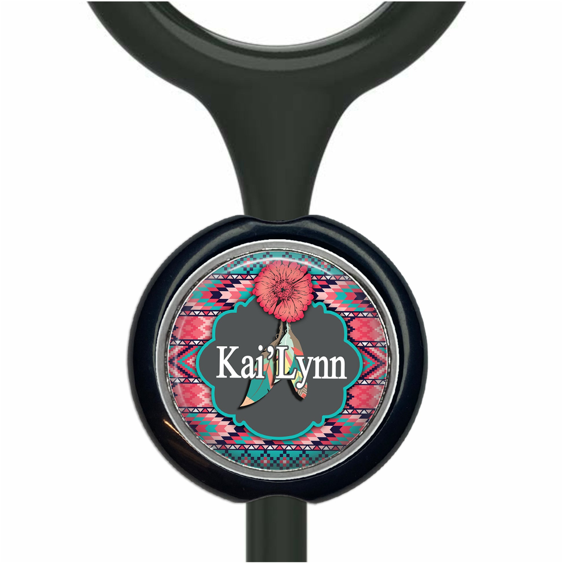 A black stethoscope with a round, circular badge featuring a colorful design and the name "Kai Lynn" printed on it.