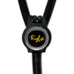 A black stethoscope with a personalized name badge attached to it.