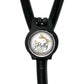 A black stethoscope with a round, decorative badge featuring a dragonfly and the name "Holly" written on it.