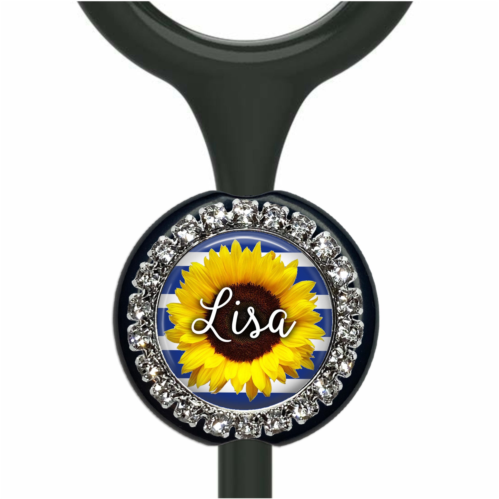 A personalized nameplate with a sunflower design and rhinestones around the edge.