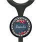 A black stethoscope with a personalized nameplate attached to it.
