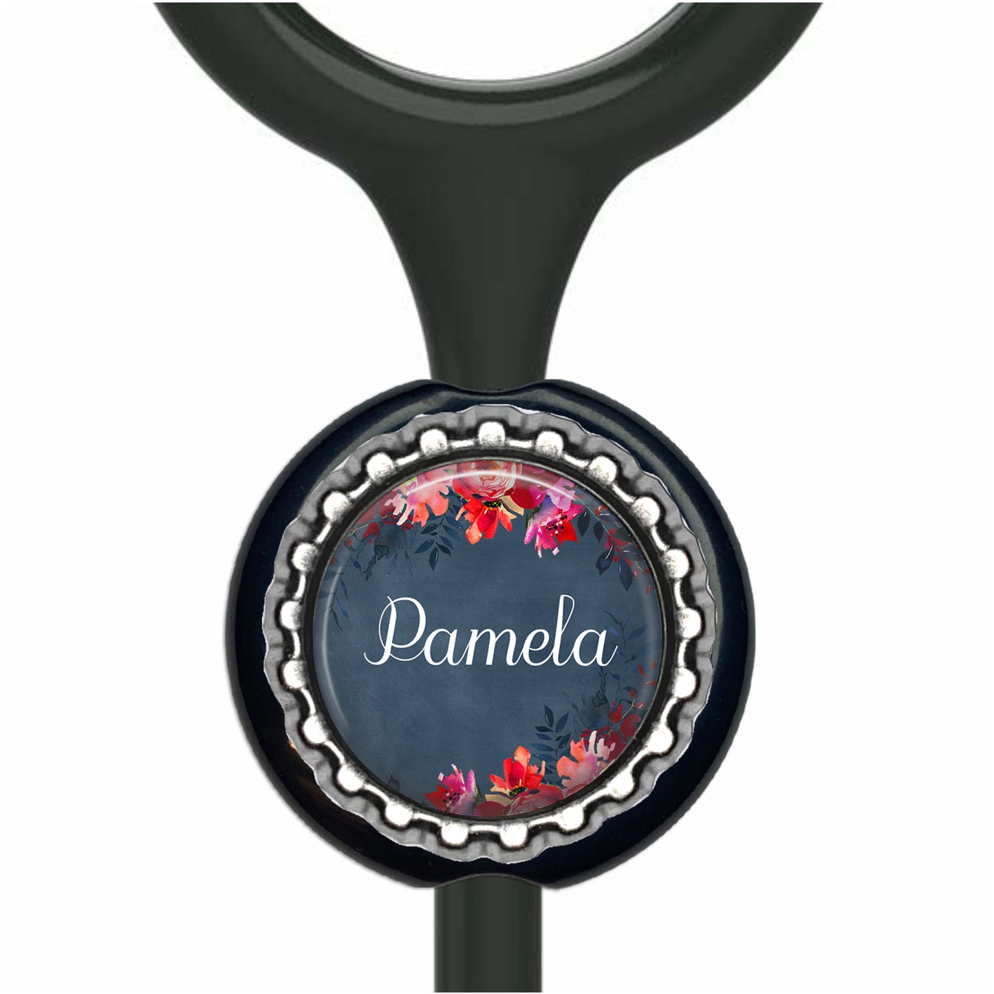 A black stethoscope with a personalized nameplate attached to it.