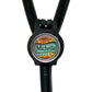 A black stethoscope with a personalized name badge attached to it.