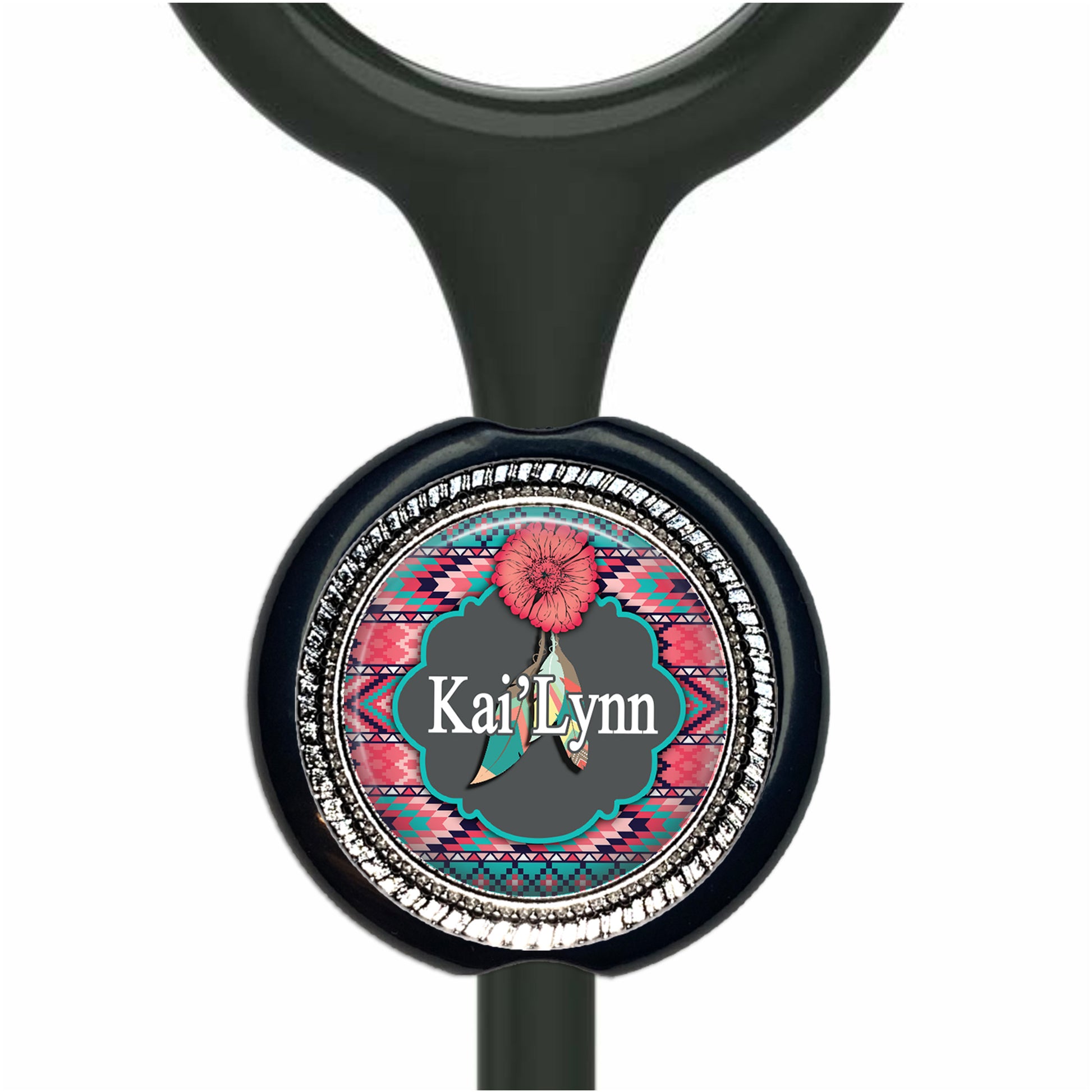 A black stethoscope with a colorful, decorative label featuring a pink flower and the name 'Kai Lynn'.