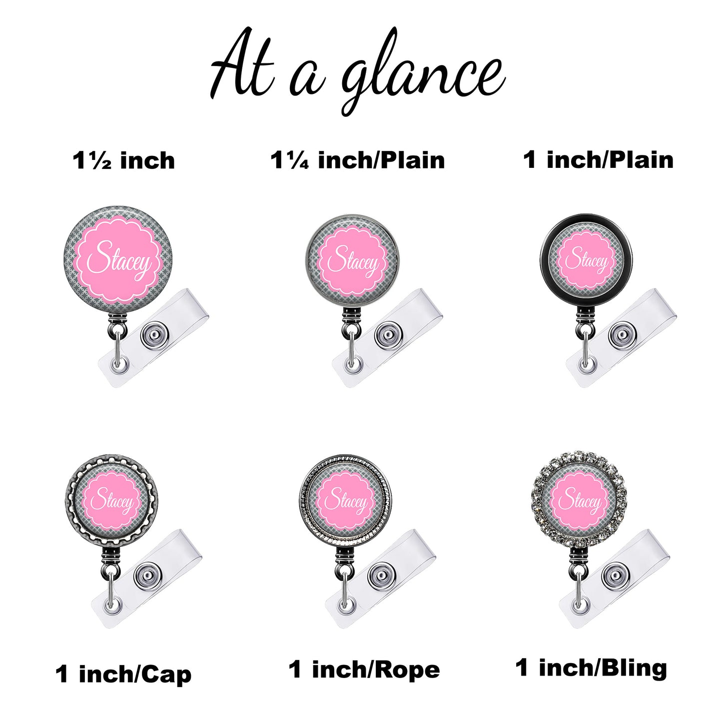six different badge holders, each with a unique size and design. The badge holders are labeled with the name "Stacey" and are available in various sizes, including 1/inch, 1/inch/Plain, and 1 inch/Plain.