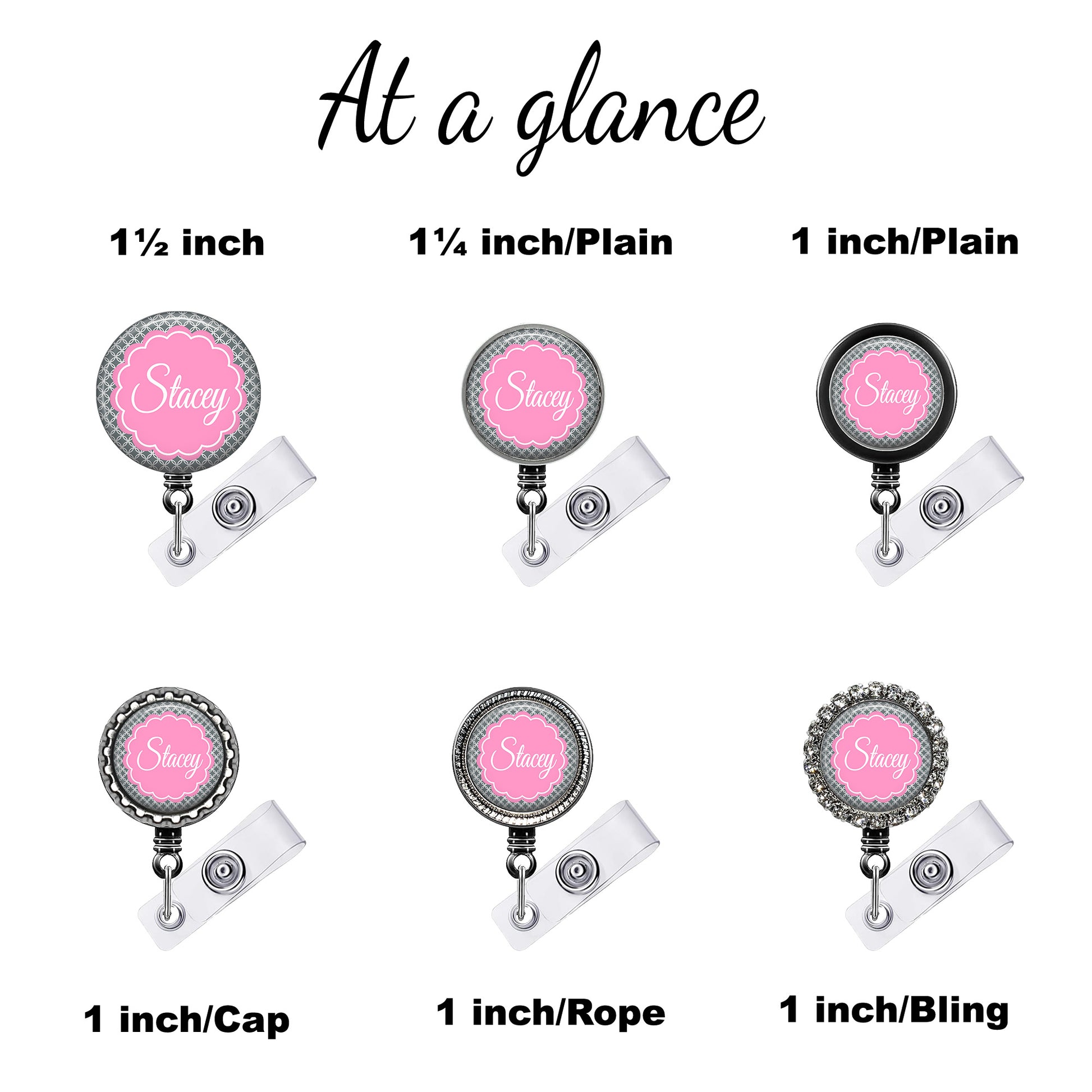 six different badge holders, each with a unique size and design. The badge holders are labeled with the name "Stacey" and are available in various sizes, including 1/inch, 1/inch/Plain, and 1 inch/Plain.