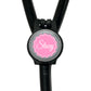 A black stethoscope with a personalized name badge attached to it.
