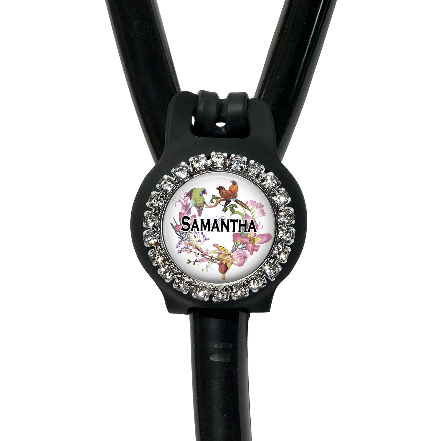 A black stethoscope with a personalized nameplate attached to it.