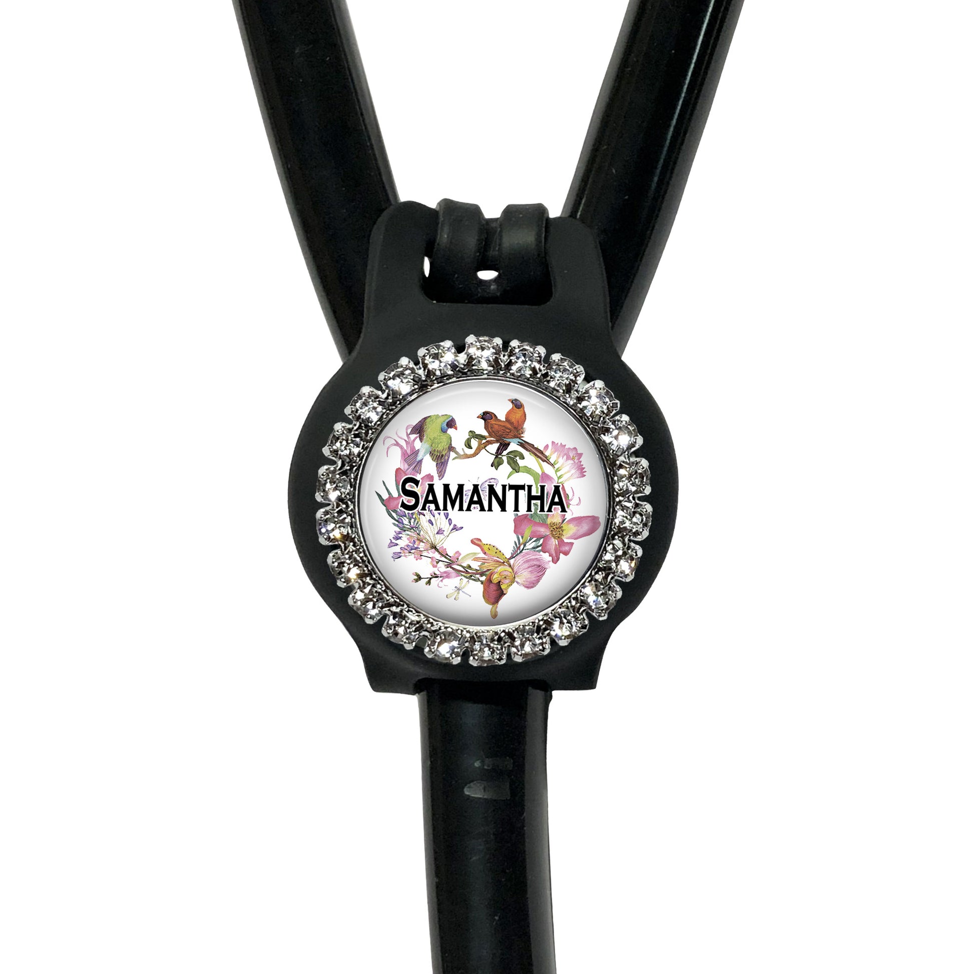 A black stethoscope with a personalized nameplate attached to it.