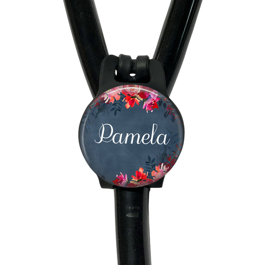 Pink Flowers on Blue Yoke Stethoscope Id Name Air Tag Holder Personalized