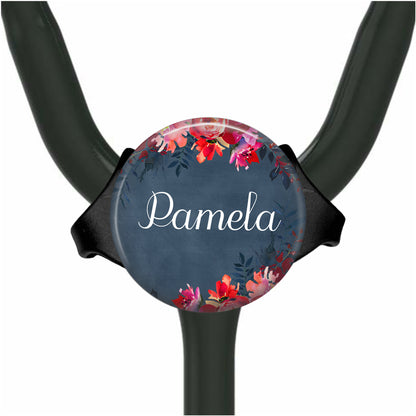 Personalized Stethoscope Tag - Pink Flowers on Blue Yoke Name Badge 514