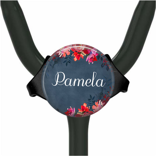 Pink Flowers on Blue Yoke Stethoscope Id Name Tag Personalized