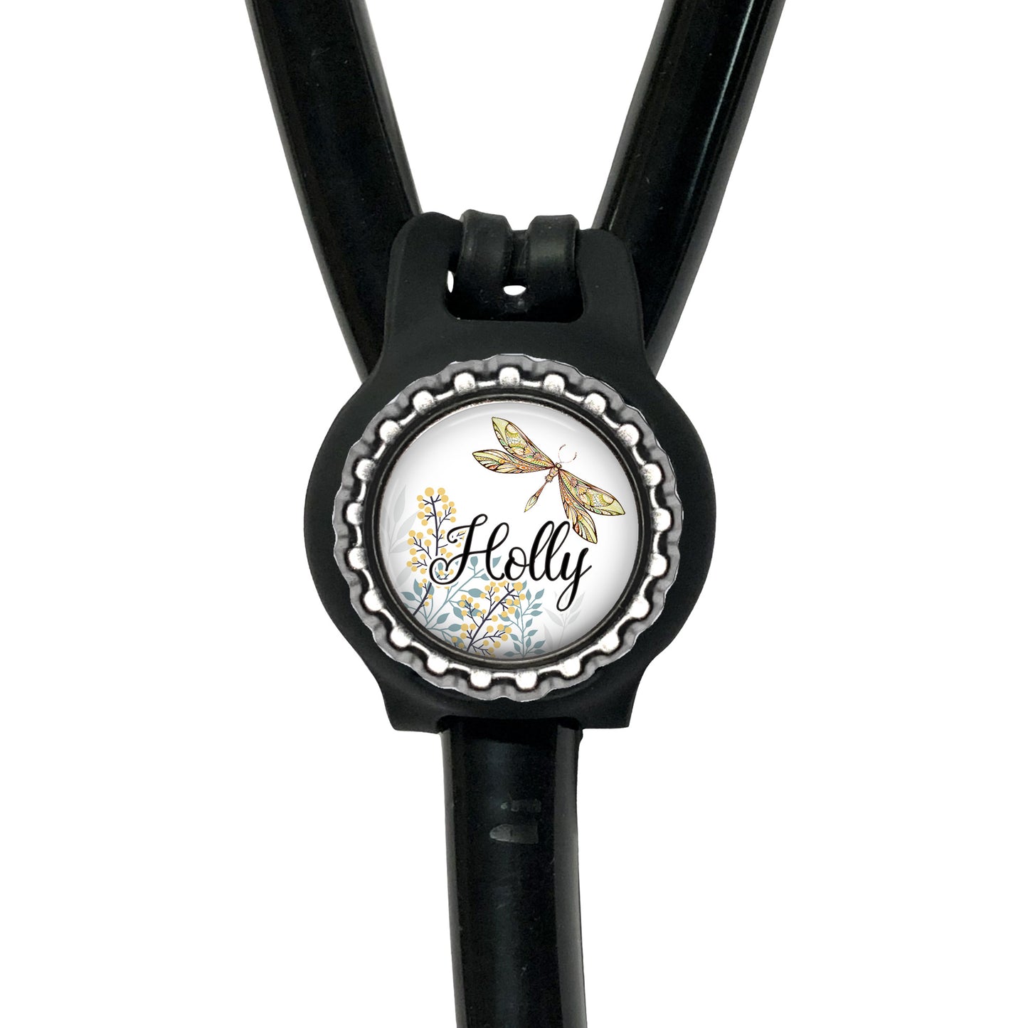 A black stethoscope with a round badge featuring a butterfly and the name "Holly" written on it.