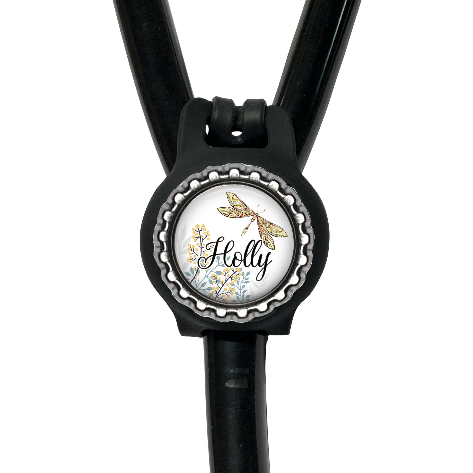 A black stethoscope with a round badge featuring a butterfly and the name "Holly" written on it.