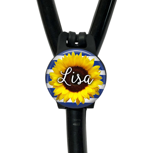 Sunflower on Blue White Stripes Yoke Stethoscope Id Name Air Tag Holder Personalized