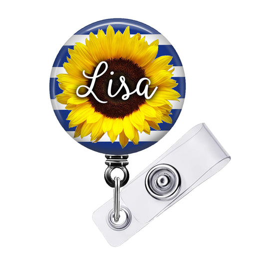 Sunflower on Blue White Stripes Retractable ID Badge Reel Holder