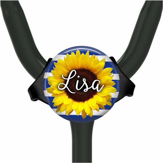 Sunflower on Blue White Stripes Yoke Stethoscope Id Name Tag Personalized