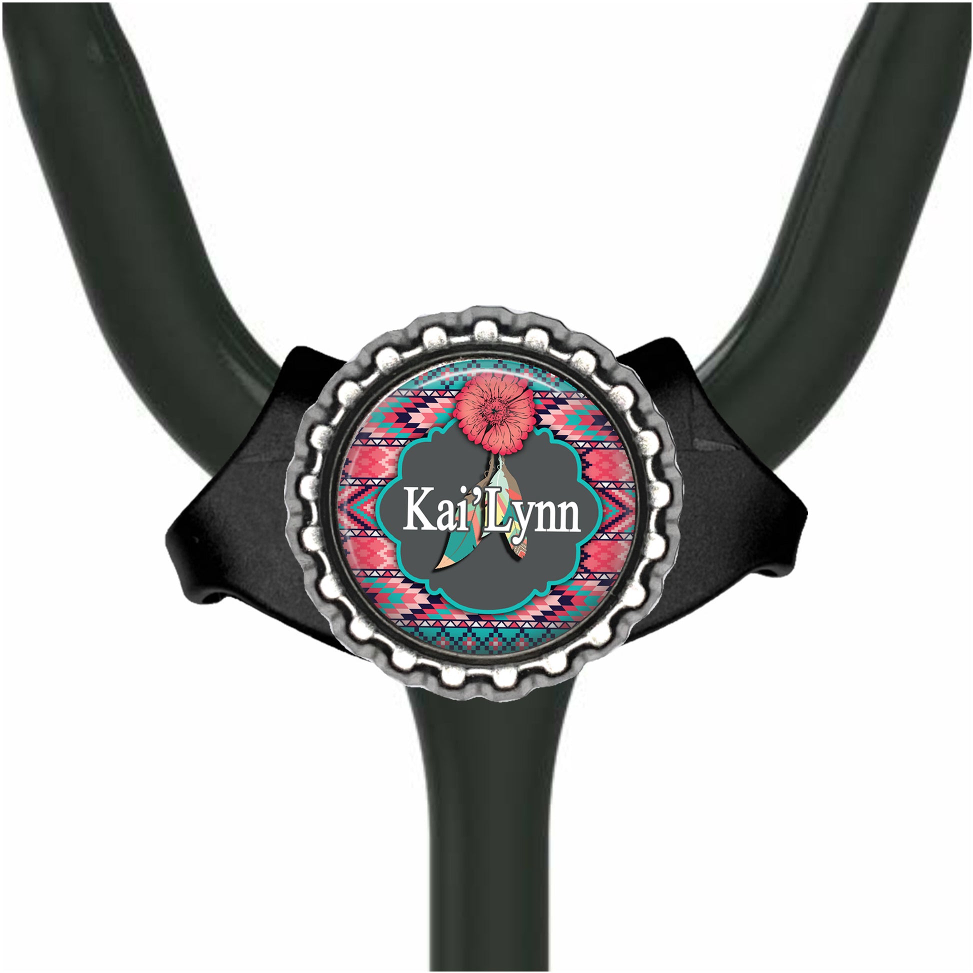 A black stethoscope with a colorful, decorative design on the front.