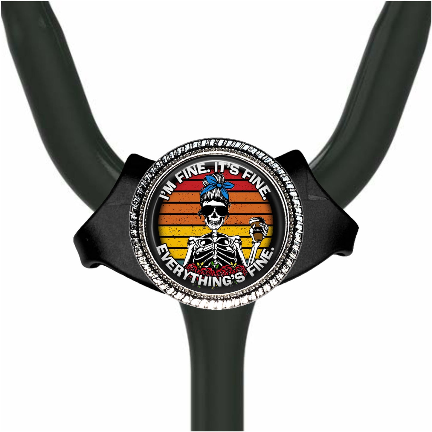 A black stethoscope with a colorful design featuring a skeleton wearing a blue hat and the text "I'm fine, it's fine, everything's fine" around the edge of the stethoscope.