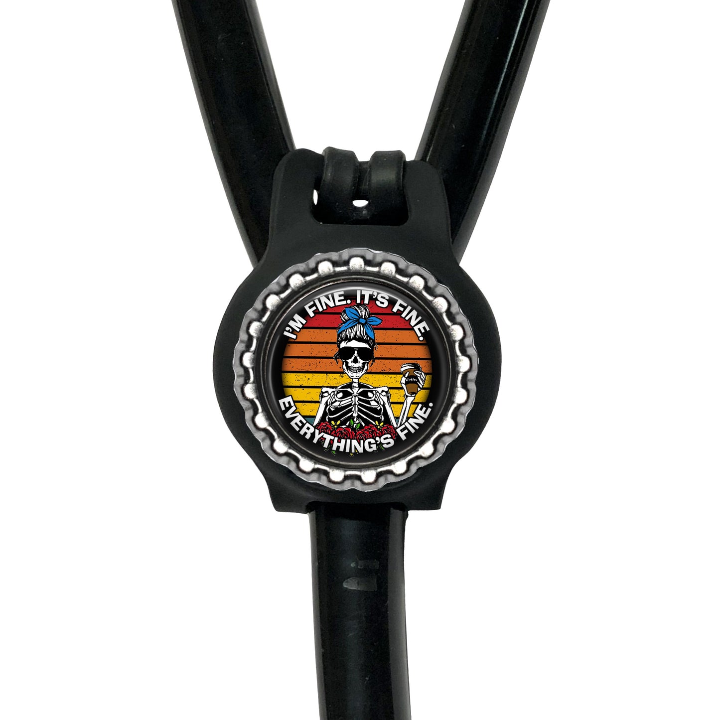 A black rubber strap with a circular design featuring a skeleton wearing a blue hat and the text "I'm fine, it's fine" around the edge.
