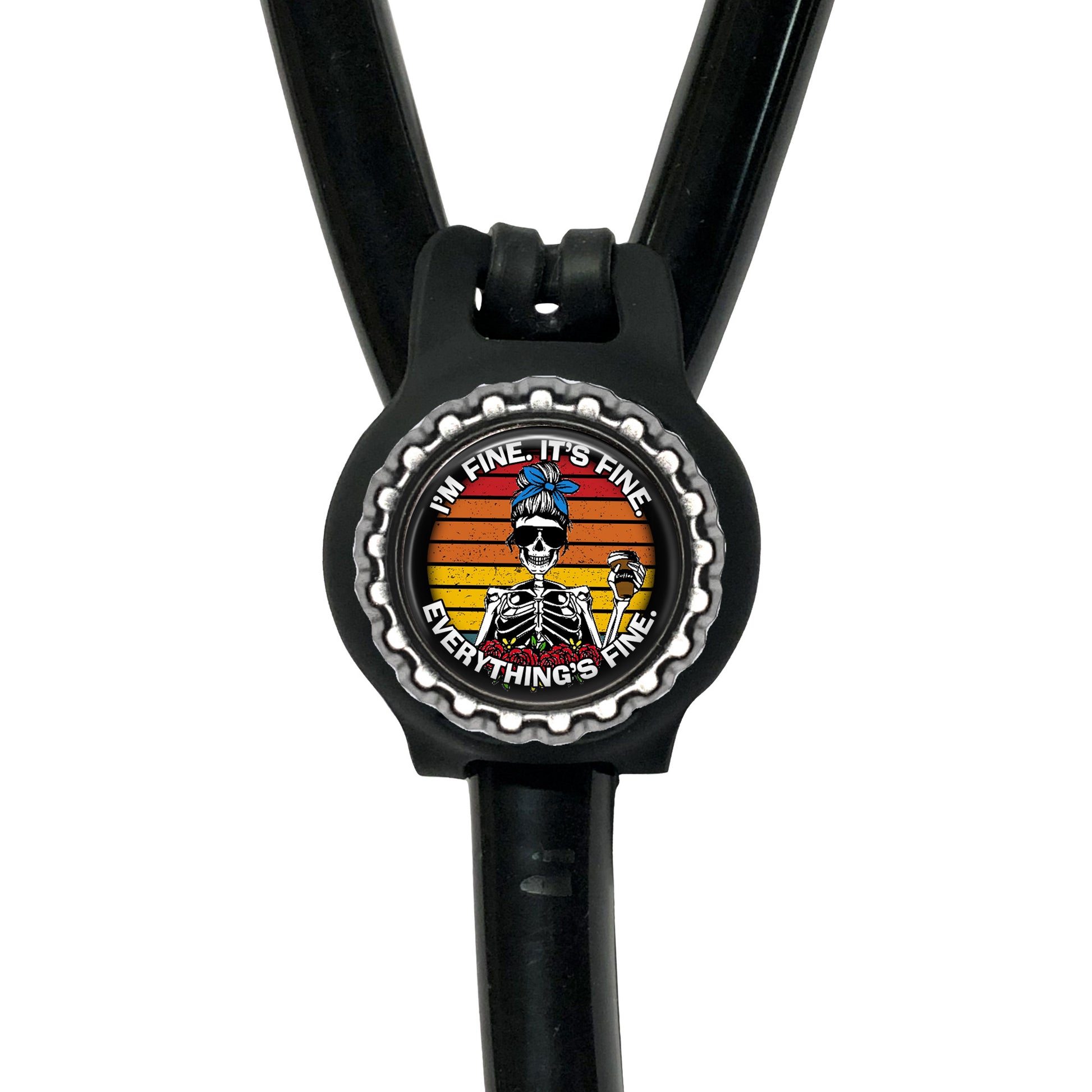 A black rubber strap with a circular design featuring a skeleton wearing a blue hat and the text "I'm fine, it's fine" around the edge.