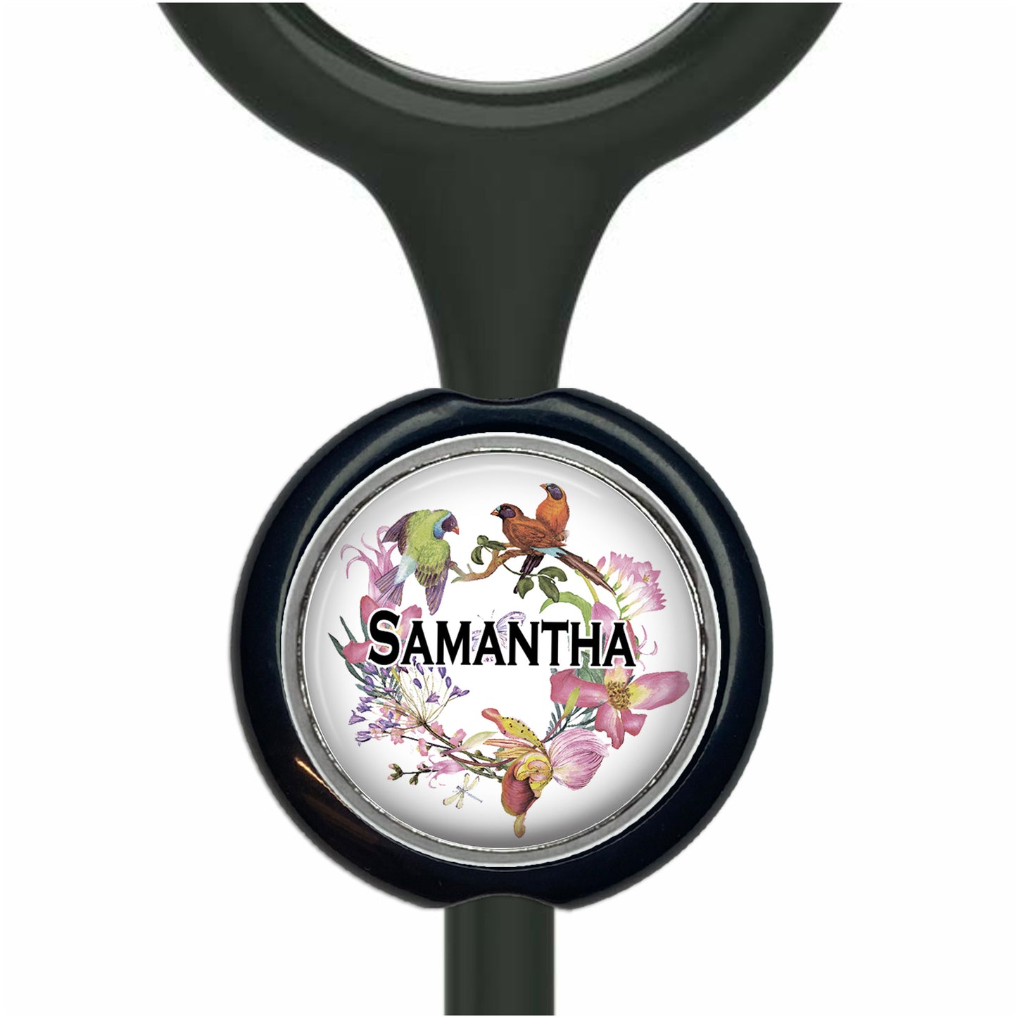 A personalized nameplate with a floral design featuring a parrot and other colorful birds.