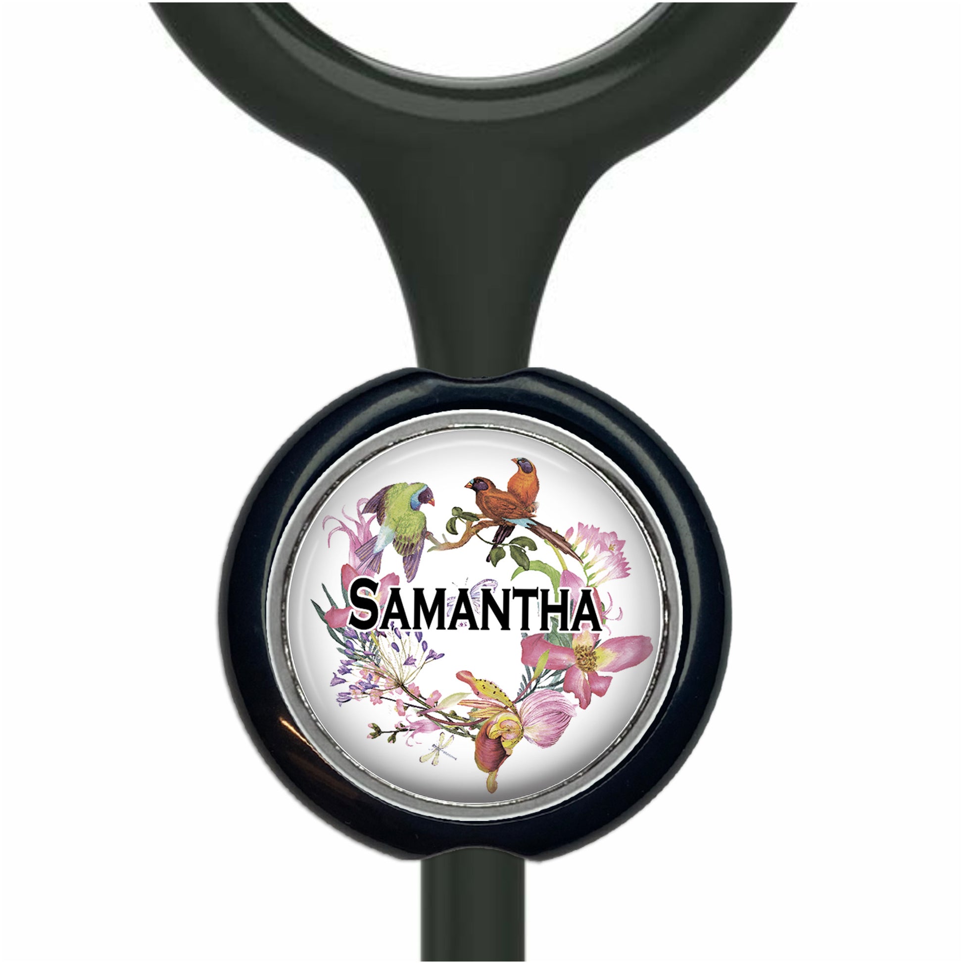 A personalized nameplate with a floral design featuring a parrot and other colorful birds.
