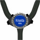 A stethoscope with a blue badge that says "Krisela RN" on it.