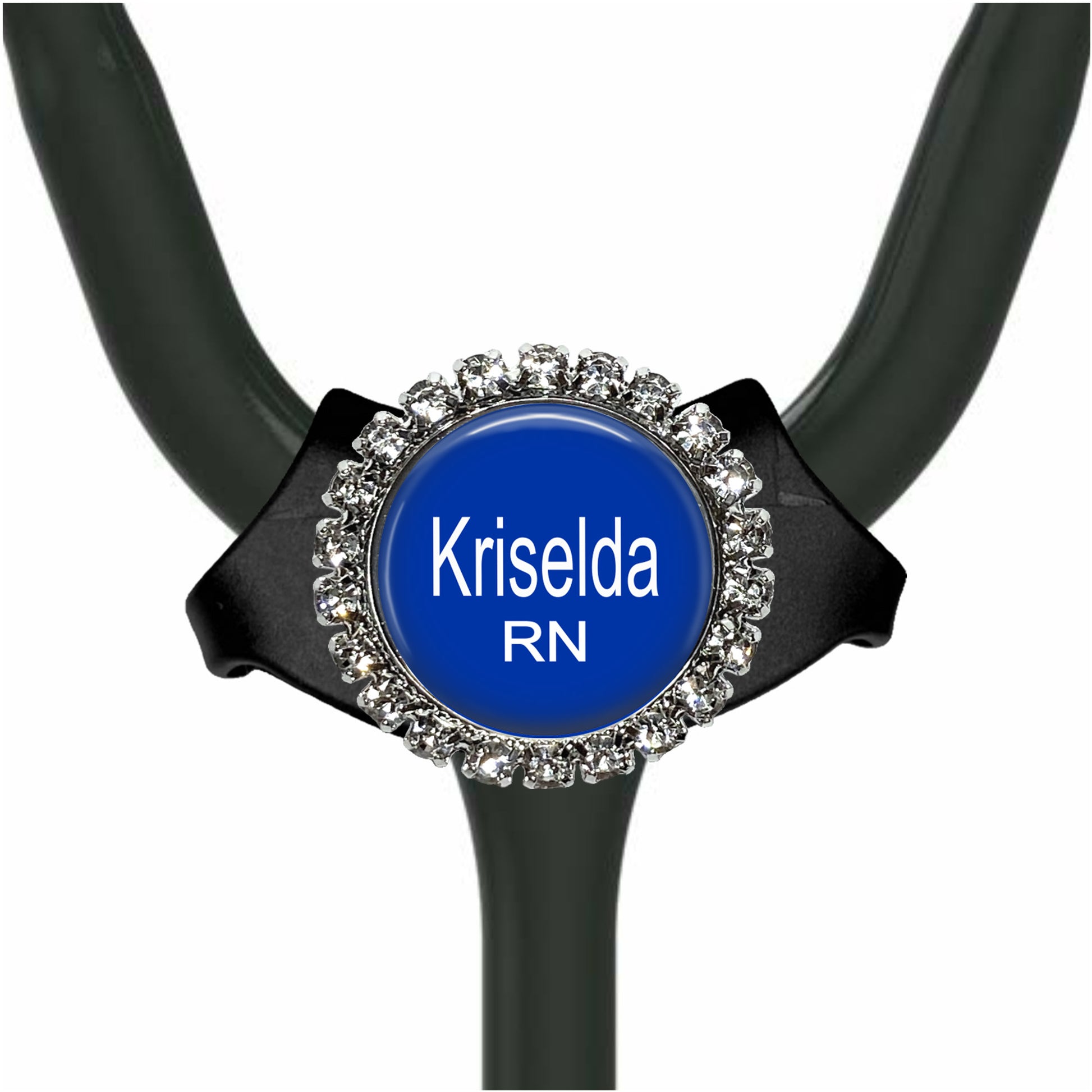 A stethoscope with a blue badge that says "Krisela RN" on it.