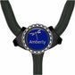 A stethoscope with a blue circular badge featuring a dragonfly and the word "Amberly" printed on it.
