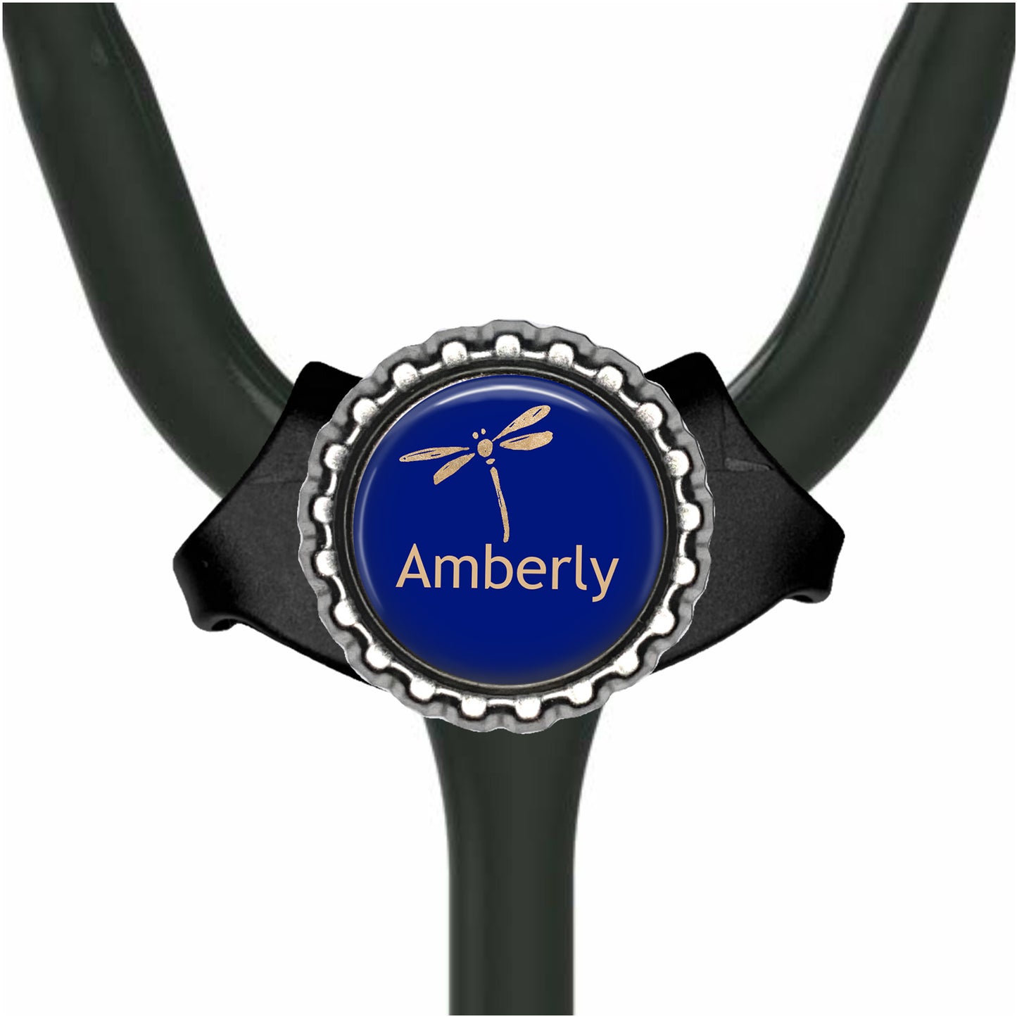 A stethoscope with a blue circular badge featuring a dragonfly and the word "Amberly" printed on it.