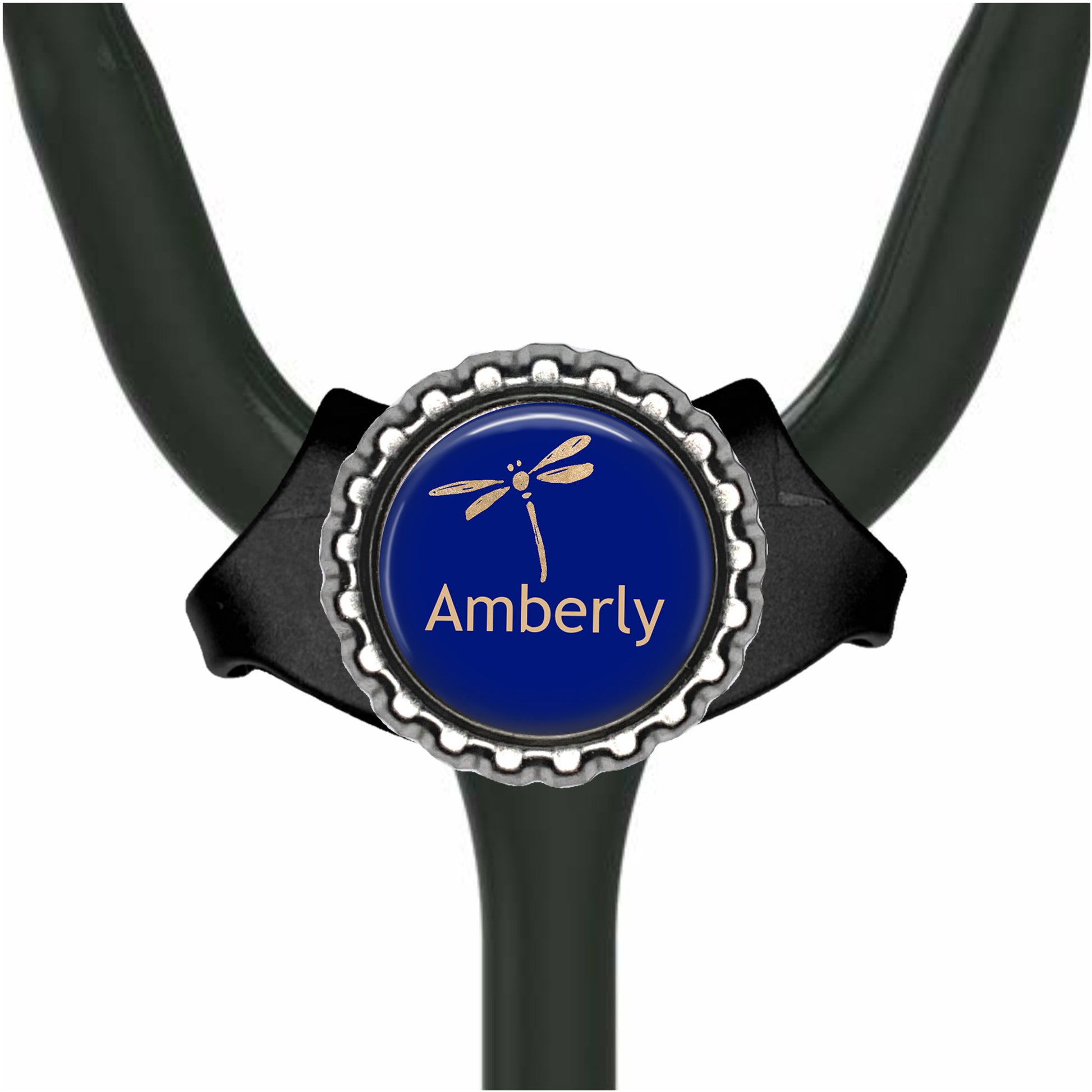 A stethoscope with a blue circular badge featuring a dragonfly and the word "Amberly" printed on it.